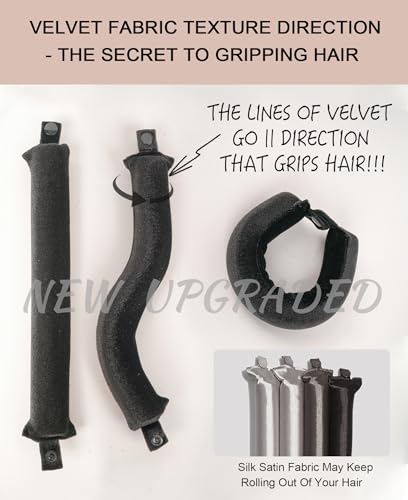 Grande Heatless Curls Overnight Rods - Upgraded Directional Grip Velvet - No Heat Hair Curlers to Sleep, Jumbo Large Hair Rollers Flexible Curling Rods Set for Long Thicker Coarser Hair Blowout Look - color: Black