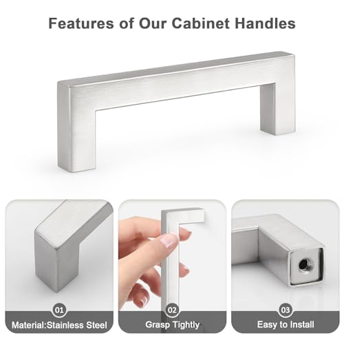 Probrico 5 Pack Hole Centers 3.75inch Brushed Satin Nickel Kitchen Cabinet Handles,Stainless Steel Drawer Pulls,Square Corner Bar Dresser Pull Handle 4-1/4inch Length - color: Brushed Nickel, size: Hole Center: 96mm(3.75inch)