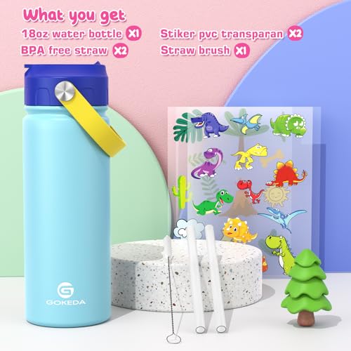 GoKEDA 18oz Kids Water Bottle, Insulated Bottles with Stickers, 18/8 Stainless Steel Vacuum Leak Proof Straw Cup for School, Gifts for Boys Girls(LightBlue) - color: Light Blue Yellow