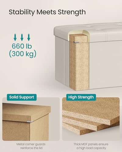 SONGMICS Mazie Collection - 43 Inches Folding Storage Ottoman Bench, Ottoman with Storage, Foot Rest Stool, Load 660 lb, for Living Room, Synthetic Leather, Cream White ULSF70M - color: Cream White, size: 15"D x 43"W x 15"H