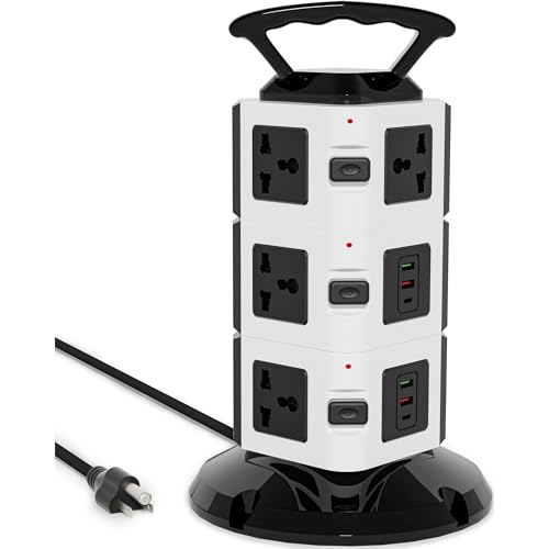 Power Strip Tower with 10 Outlets, 4 USB-A & 2 USB-C Ports, 1875W/15A Heavy Duty Charging Station for Multiple Devices, Plug Tower with 6ft Extension Cord, for Home, Office, Dorm - size: 3-Tier