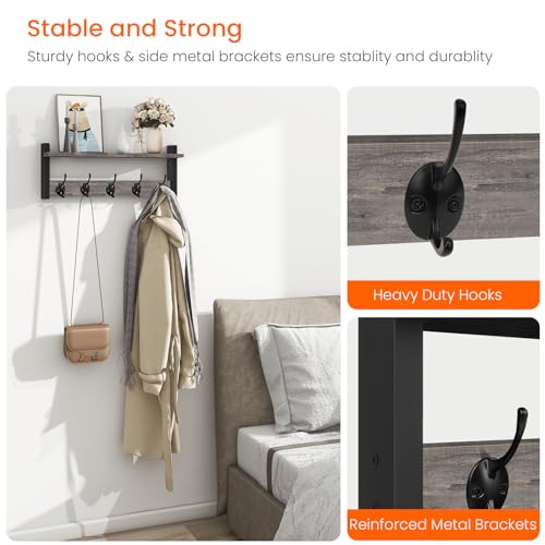 Homode Wall Hooks with Shelf, Coat Rack Wall Mount, Entryway Shelf with Hooks for Clothes, Backpack, Key, Purse - Rustic Grey - color: Rustic Grey, size: 17.1 Inch Long