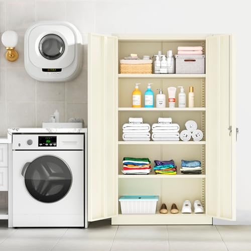 Superday Locking Metal Cabinet 72"×36"×18", Tall Storage Cabinet with 2 Doors and 4 Shelves, Large Metal Steel Utility Cabinets for Garage Tool Office File Pantry (Putty) - color: Putty, style: 72"
