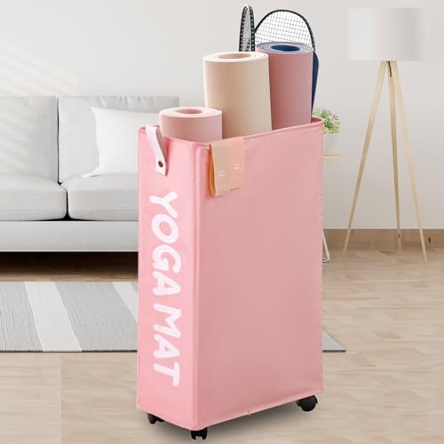 Caroeas Yoga Mat Storage Rack, Yoga Mat Holder Accessories, Home Gym Equipment Storage Yoga Mats, Women Men Workout Equipment Organization with Wheels - color: Pink/27'', size: 27'' X-Large