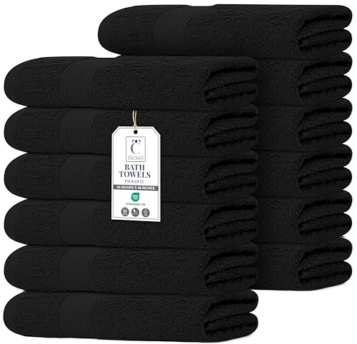 Commercial Bulk Pack of 12 Bath Towels – 100% Cotton Terry 24" x 48" – Ideal for Hotels, Salons, Gyms, Spas & Institutional Use – Black - color: Black, size: 24"x48" - PK 12
