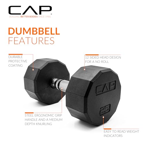 CAP Rubber Coated Dumbbell Weights, Free Weights for Home Gym Strength Training, Anti-Roll Hex Dumbbells with Black, Chrome & Comfort Grip Handles, Singles - size: 25 lb, style: 12-Sided - Chrome Handle