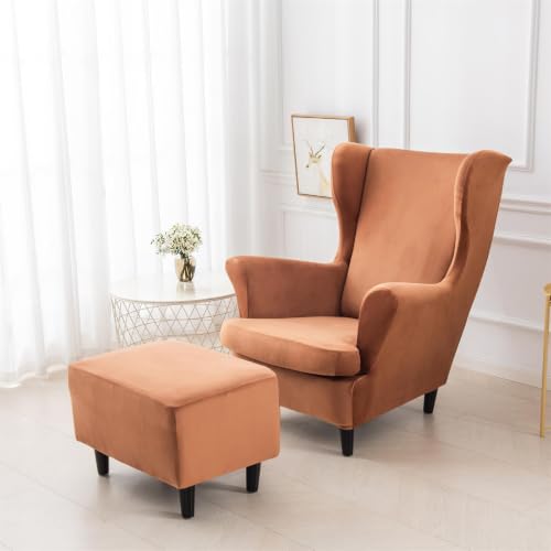 NILUOH Thick Velvet Wingback Chair Slipcovers 2-Piece, Stretch Wing Chair Covers Soft Sofa Slipcover Wing Back Armchair Cover Furniture Protector for Living Room - color: Red-camel