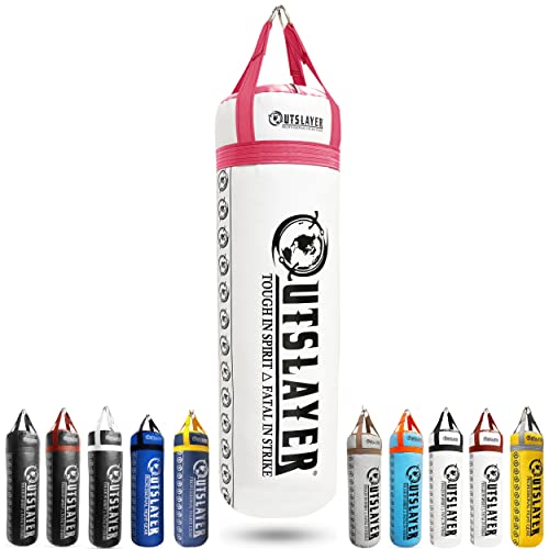 Outslayer 80 Pound Filled Punching Bag Boxing and MMA Made in USA - color: White/Pink, style: With Bottom D-Ring