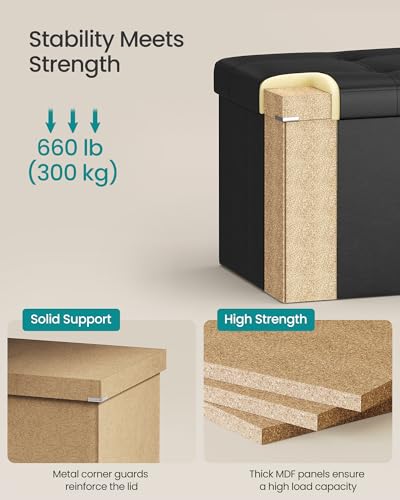 SONGMICS MAZIE Collection - 30 Inches Folding Storage Ottoman Bench, Ottoman with Storage, Foot Rest Stool, Load 660 lb, for Living Room, Synthetic Leather, Black ULSF105 - color: Black, size: 15"D x 30"W x 15"H