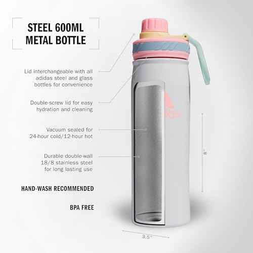 adidas Stainless Steel Metal Water Bottle 20 oz (600 mL) Screw Cap - color: White/Pink Spark/Clear Sky Blue