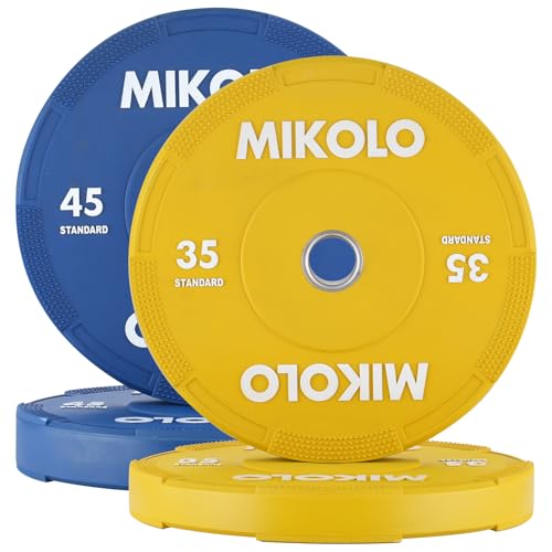 Mikolo Olympic Bumper Plates Set, 100% High-Density Low-Bounce Rubber Weight Plates with Steel Inserts, IWF Color-Coded Quiet Barbell Plates for Deadlifts, Squats & Home Gym Strength Training (Weights: 45 * 2-230LB) - style: 160lb SET(35+45,PAIR)
