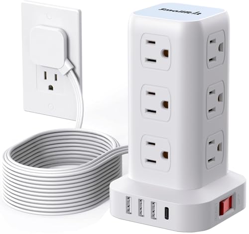 Extension Cord with Multiple Outlets, SMALLRT Flat Plug Power Strip Tower, Outlet Extender with USB 12 AC Outlets, 10FT Ultra Thin Extension Cord for Home Office, Overload Protection - color: White, size: 10 Ft without wireless charging