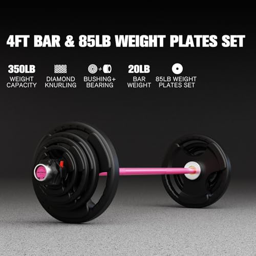 RitFit Barbell Weight Set - 4/6FT Olympic Barbell with Weight Plates (55-115LB Total) - Weightlifting Equipment for Squats, Curls, Deadlifts, Presses, Hip Thrusts - color: Pink, size: 4FT With 85LB Plates