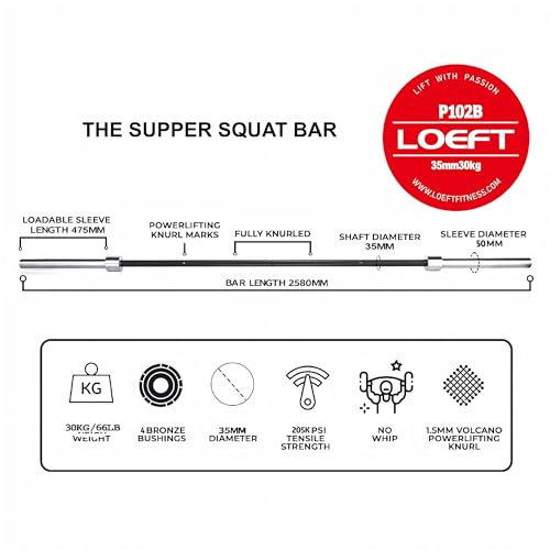 Super Squat Barbell, 102in/ 8Ft Olympic Barbell for Powerlifting 35MM 66lb, Squat Bar for 2500 lbs Weight Capacity 205K PSI, Weight Bar Fit 2" Weights (Black)