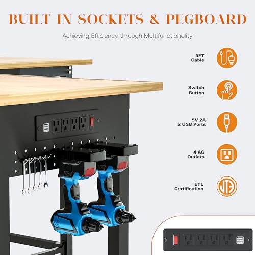 Betterhood Adjustable L-Shaped Workbench, Rubber Wood Top Heavy Duty Workstation with Power Outlets, 2000 LBS Load Capacity Hardwood Worktable for Workshop, Garage, Office, Home, Commercial - size: L Shape/Rubber Pad/Power Outlets/Ruler/57.1"x47.2"