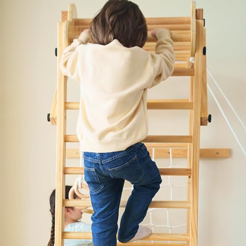 Avenlur Grove 8-in-1 Indoor Jungle Gym with Gymnastic Rings, Climbing Rope, Swing, Slide, Monkey Bars, Rope Wall Net, and Wooden and Rope Ladder - Jungle Play Set for Kids Ages 2-11 Years Old - color: Natural Wood