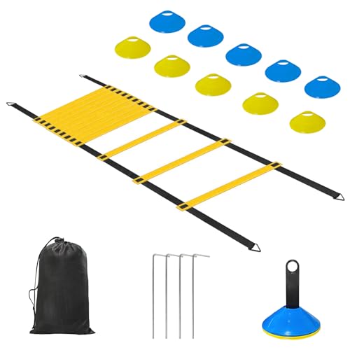 Hands Free Speed Agility Training Equipment Set - 20ft Agility Ladder, 10 Disc Cones, Resistance Parachute, 5 Resistance Bands & Carry Bag | Football Soccer Basketball Fitness Drills - color: Yellow-1