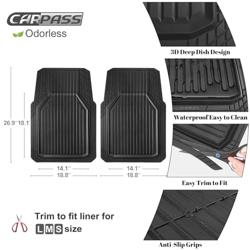 CAR PASS Heavy Duty Rubber Floor Mats for Car, Waterproof Deep Dish Car Mats Two Front, Universal Trim to Fit for SUV Truck Sedans Vans, All Weather Automotive Floor Mats 2pcs, Solid Black - color: black