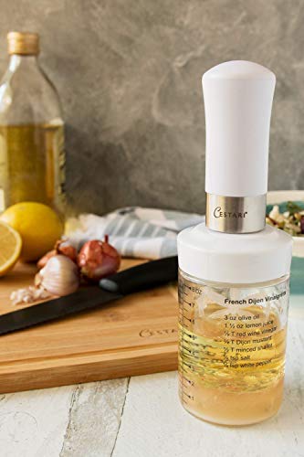 Original Salad Dressing Shaker: Borosilicate Glass Bottle with Mixer Insert | Leak-Proof Salad Dressing Blender and Dispenser with Measurements + Recipes, Reusable Vinaigrette Cruet - color: White