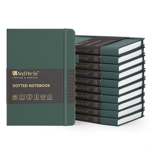&And Per Se 10-Pack Dotted Notebooks, A5 Hardcover Dotted Journal Set, 160 Pages, 100gsm Paper, Office Supply Bulk Order, Corporate Workshop Materials – 3 Sticker Sheets Each (Green) - color: Green, style: 10 Pack-Dotted
