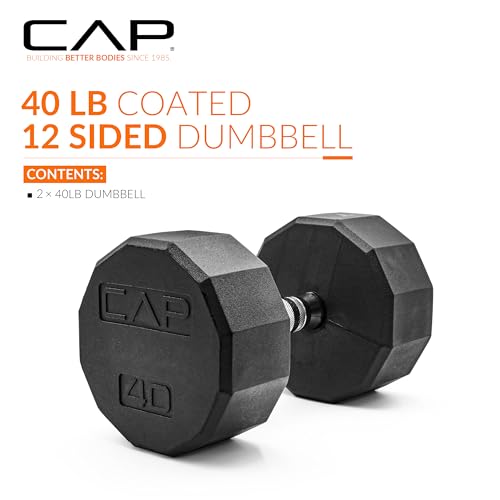 CAP Rubber Coated Dumbbell Weights, Free Weights for Home Gym Strength Training, Anti-Roll Hex Dumbbells with Black, Chrome & Comfort Grip Handles, Pairs & Sets - size: 40 lb - Pair, style: 12-Sided - Chrome Handle