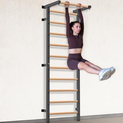 Swedish Stall Bars 2"x2" with 1" Holes, Wall Mounted Wood Gym Ladder for Suspension Training, Home Gym, Calisthenics, Physical Therapy, School & Clinic - color: Swedish Ladder with Pull Up Bar