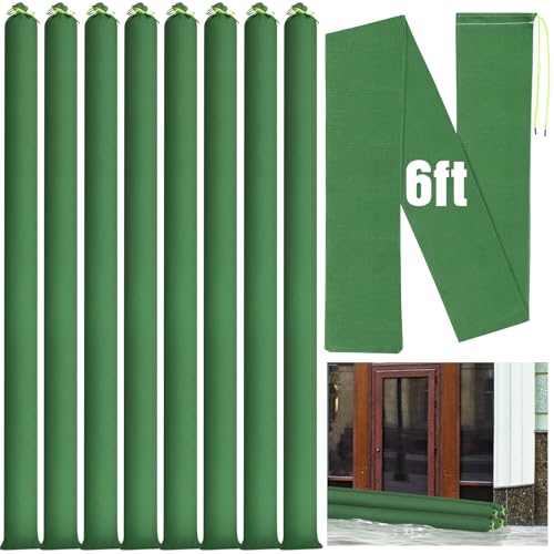 Threan 8 Pcs 6ft Sandbags for Flooding, Flood Prevention Sand Tube Bags Thickened Canvas Reusable Rain Wind Flood Barrier with Elastic Band Water Barrier Tube for Door Garden Rain Control, Green - size: 6 ft
