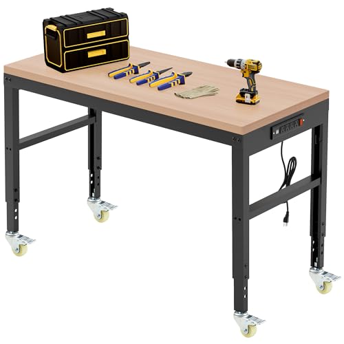 Antifir 48” Adjustable Workbench，Heavy Duty Wood Work Bench 2000 Lbs Load Capacity,Work Table with Power Outlet and Wheels for Garage, Workshop, Office, Home - size: 48x20" With Wheel