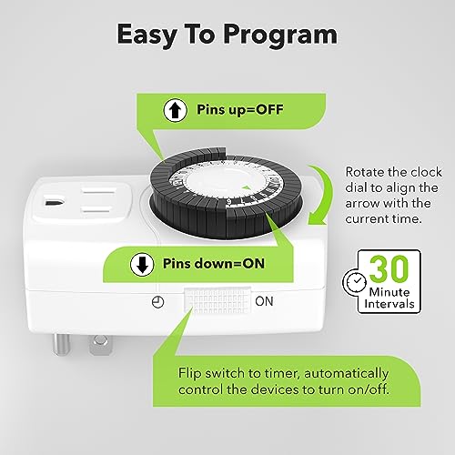 BN-LINK BND-60/U47 Indoor Mini 24-Hour Mechanical Outlet Timer, 3-Prong, 2-Pack - size: 3-Prong, 2-Pack, 1 Outlet, Mini
