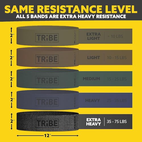 Tribe Lifting Fabric Resistance Bands for Working Out - 5 Exercise Bands Set for Legs and Glutes - Booty Bands for Women and Men - Thick Cloth Workout Bands for Physical Therapy, Hip Training - color: X-Heavy Black
