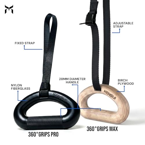 KENSUI 360 Grips Rotating Pull Up Handles, Pair | Rotating handles attach to bars, cables, bands and barbells for pull ups, rows, pulldowns and grip training