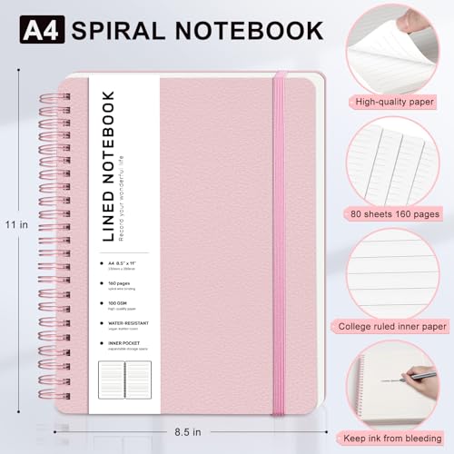 ABERLLS Lined Spiral Journal Notebook with 160 Pages, 8.5×11in, A4 Spiral Notebook, Journaling Notebooks for Work, School, Women, Men, College Ruled Spiral Notebook, Hardcover Leather Journals, Pink - color: Pink, size: A4