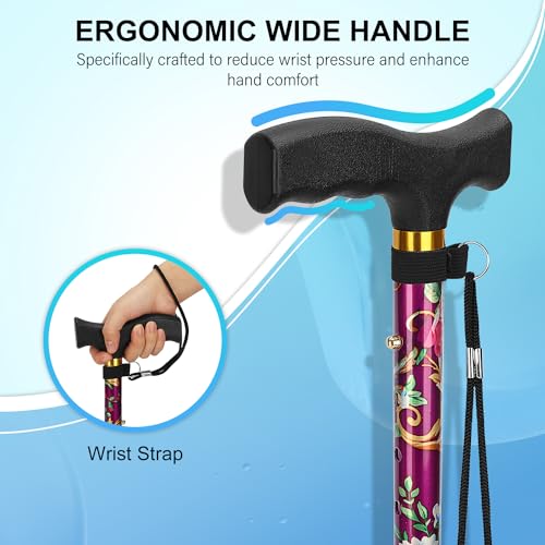 supregear Folding Cane, Lightweight 5-Level Adjustable Walking Stick with Wrist Strap and T-Handle, Portable Mobility Aid for Elderly and Disabled Men and Women - color: Floral Purple
