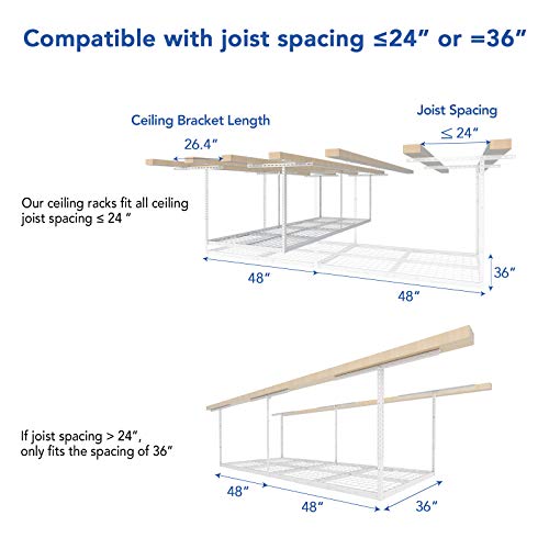 FLEXIMOUNTS 3x8 Overhead Garage Ceiling Storage Rack, Adjustable Garage Organization System, Heavy Duty Metal, 750lbs Weight Capacity, White, Classic Series - color: White, size: 3x8 ft