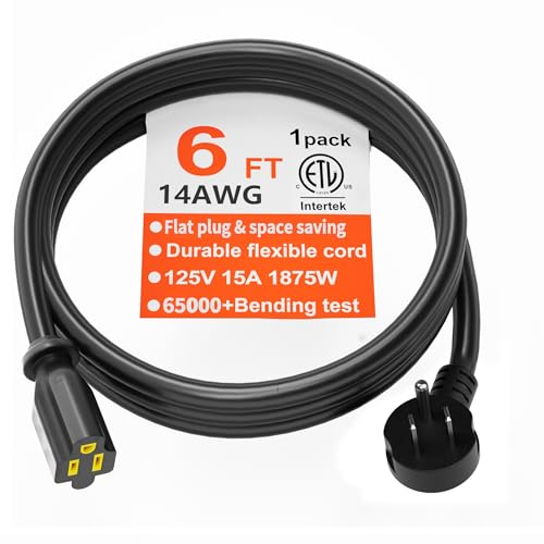 HUANCHAIN 14 Gauge 6 Feet Flat Plug Extension Cord Black Indoor Outdoor, Heavy Duty 3 Prong Grounded Low Profile Extension Wire Flexible, 15A 1875W 125V 14AWG SJTW, ETL Listed - color: Black, size: 6 FT