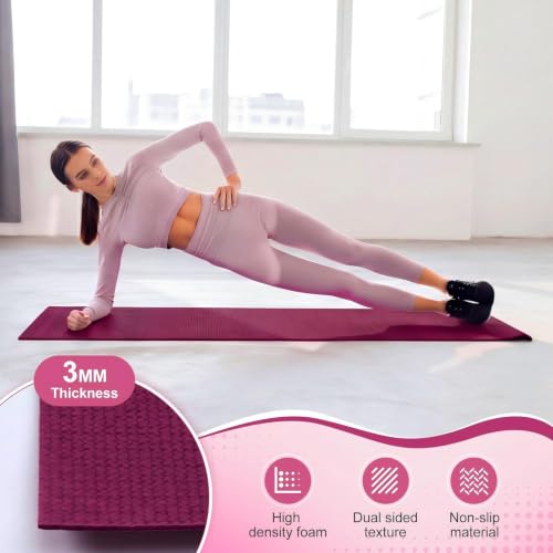 Funtery 3 mm Thin Yoga Mats Bulk, 68 x 24 Inches Lightweight PVC Exercise Mats Non Slip Workout Fitness Pads for Yoga Pilates Stretching Classes Gym Home Studio - color: Boysenberry