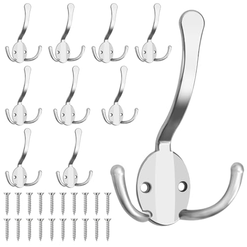 Homanu 10 Pack Coat Hooks Heavy Duty, Metal Three Prongs Large Coat Hooks Wall Mounted with 20 Screws, No Rust Silver Rustic Wall Hooks for Hanging Towel, Coat, Scarf, Bag, Hat, Cup, Key - color: 10 Pcs Silver
