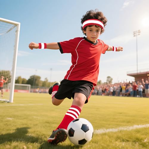 ONUPGO 5 Pieces Kids Sweatbands Soccer Socks Set - Sports Headband, Wristbands, Striped High Socks for Kids, Youth,Toddler & Baby - Football, Basketball, Running, Cycling, Tennis - color: Red/White/Red