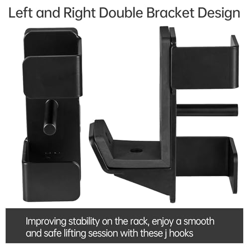 J Hooks for 2" x 2" Power Rack, Rubber Pad J-Hook for Power Cage, Bottom Reinforced Steel J Cups for Squat Rack, Heavy Duty Barbell Holder, Black - size: for 2"x2" Rack with " 1/2 Hole