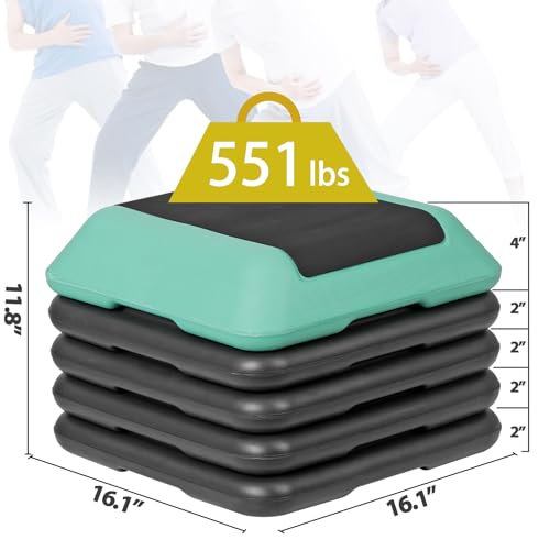 F2C Aerobic Step Exercise Platform Stepper with 4 Risers 16" x 16", Adjustable Height 4"-6''-8''-10''-12" Home Gym Workout Equipment, Fitness Exercise Equipment, Workout Stair Stepper - color: Green