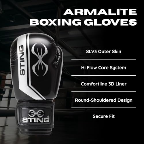 STING Armalite Boxing Gloves, Durable Boxing Equipment for Boxing Training, Balanced Weight Distribution | SLV3 Outer Skin, SAS Layering, Hi Flow Core Padding, Comfortline 3D Liner - color: Black/Silver, size: 16 Oz