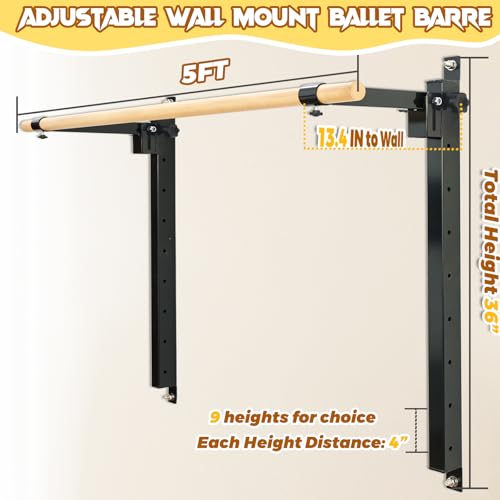 Seliyoo Ballet Barre Wall Mount, Foldable Height Adjustable | 4 FT /5FT Width,Solid Beech Wood Bar, Steel Brackets,For Adults Kids Studio Gym, Stretch & Workout Equipment - color: Black, size: 60 inches