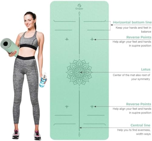 Gruper Yoga Mat Non Slip TPE Extra Wide Yoga Mat with Alignment Mark, 72"L x 32"W x 0.32"/0.24"Th (183cm x 80cm x 8mm/6mm), Anti-Tear Exercise Mat with Carrying Strap and Bag, Workout Mats for Yoga, Pilates - color: Green Black, size: 0.24*32*72 Inches