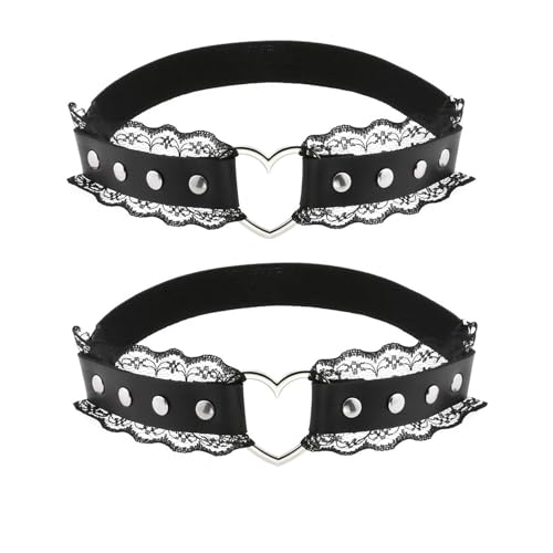 Adjustable Elastice 2 Rows Leather Leg Harness Garter Belt Punk Gothic Thigh Ring Garter - color: Black Lace With Heart