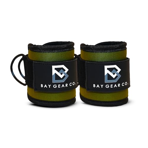 Bay Gear Co. Ankle Straps – Strong Hook and Loop System & Neoprene Padded for Cable Machine Glute Workouts, Slick Black Stainless Steel D Ring, Adjustable Fit, Different Design, Single/Pair. - color: OD Green, size: Pair