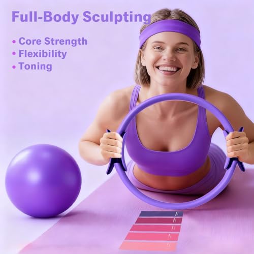 Pilates Equipment Set for Home Workouts –15in1 Home Pilates Kit with Ring and Ball Set, Resistance Bands, Pilates Yoga,Core Sliders & Ankle Weights, Pilates Essentials Kit - color: Purple