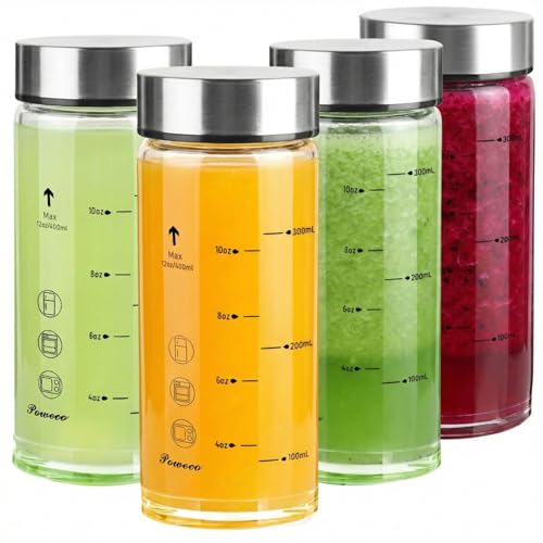 Glass Juice Bottles 4 Pack 12 oz - Wide Mouth Glass Water Bottles with Lids - for Juicing, Protein, Smoothie, Milk, Reusable, BPA Free, Stainless Steel Lids, Blender, Shaker Bottle [400ml] - color: 4-Pack (oz), size: 12oz/400ml