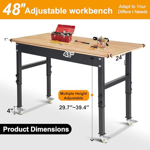 48" Adjustable Work Bench, Rubber Wood Top Workbench | Heavy-Duty Work Table with Wheels, 2000 LBS Load Capacity Hardwood Work Benches for Garage - size: with wheels, 48