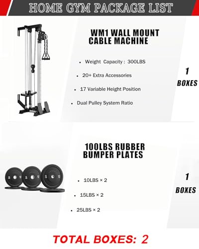 Wall Mount Cable Station, WM1 Cable Crossover Machine with 17 Positions, High and Low Cable Crossover Machine with Removable Footplate for Garage Home Gym - style: 100LBS Home Gym Package BK