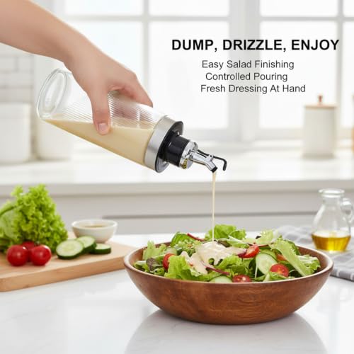 Salad Dressing Shaker Bottle, Ribbed Glass Dressing Bottle for Kitchen Table, Glass Oil Dispenser, Syrup Dispenser, Soy Sauce Dispenser and Condiment Bottle for Meal Prep, Dining and Coffee Bar